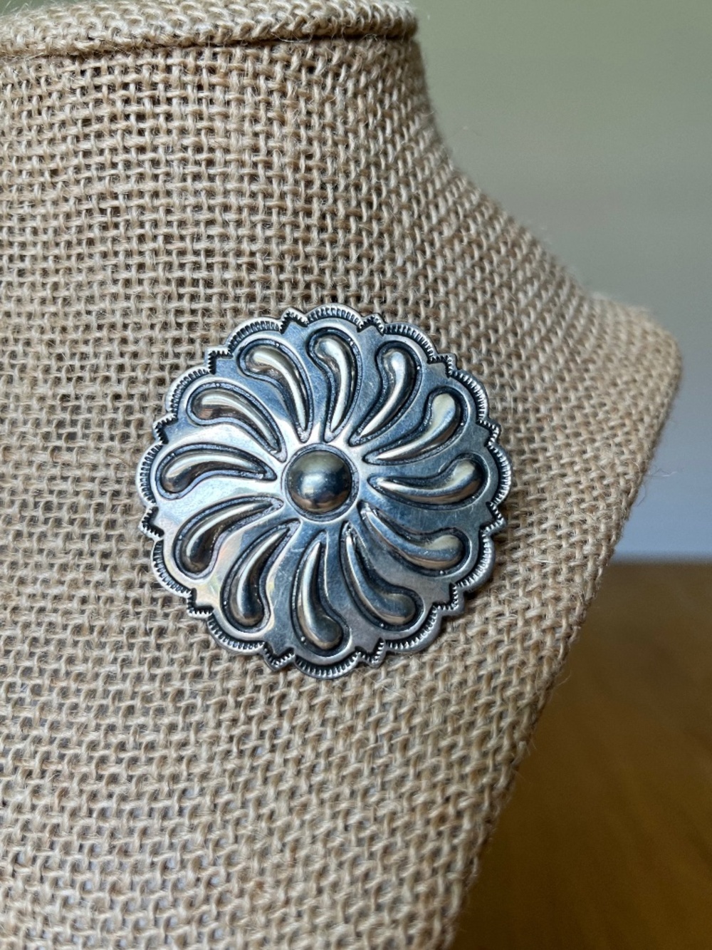 Vintage Sterling Silver Stamped Concho Brooch Marked RJ Navajo Native American